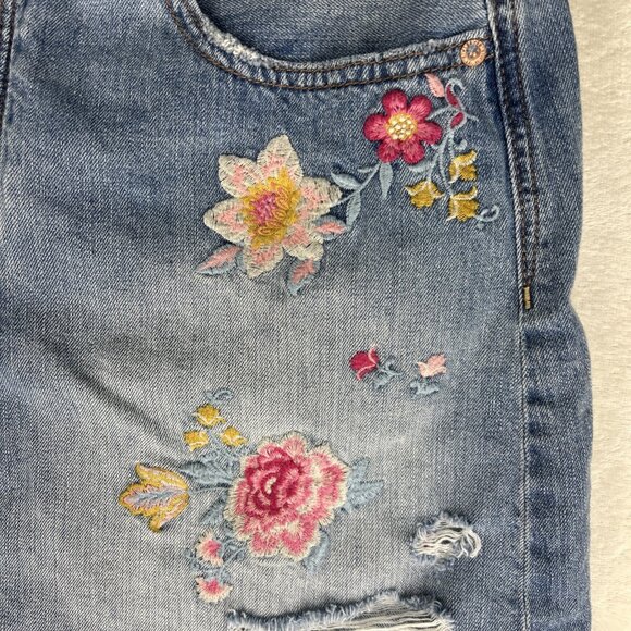 American Eagle Outfitters Denim Skirt Women 14 Distressed Embroidered Flowers - Picture 3 of 11